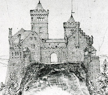 Bild: Ansicht einer Burganlage, Federzeichnung